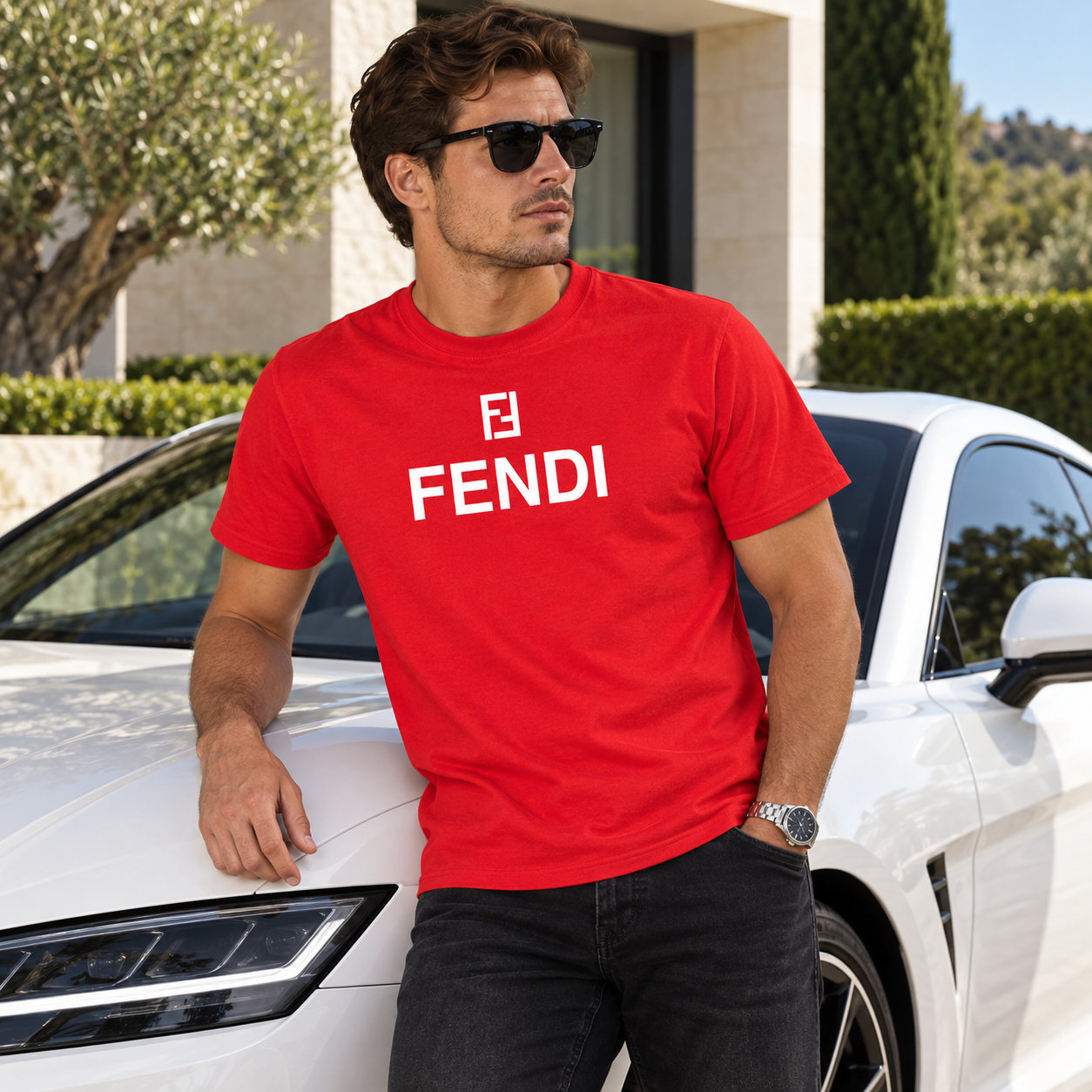 Men's Fendi Cotton T-Shirt | Color: Red | Image 4