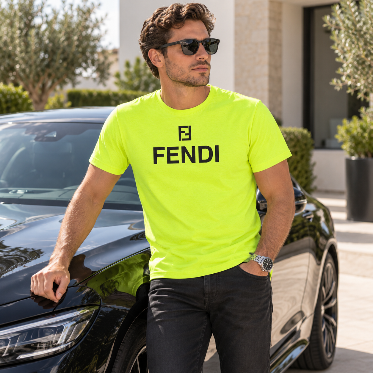 Men's Fendi Cotton T-Shirt | Color: Safety Green | Image 4