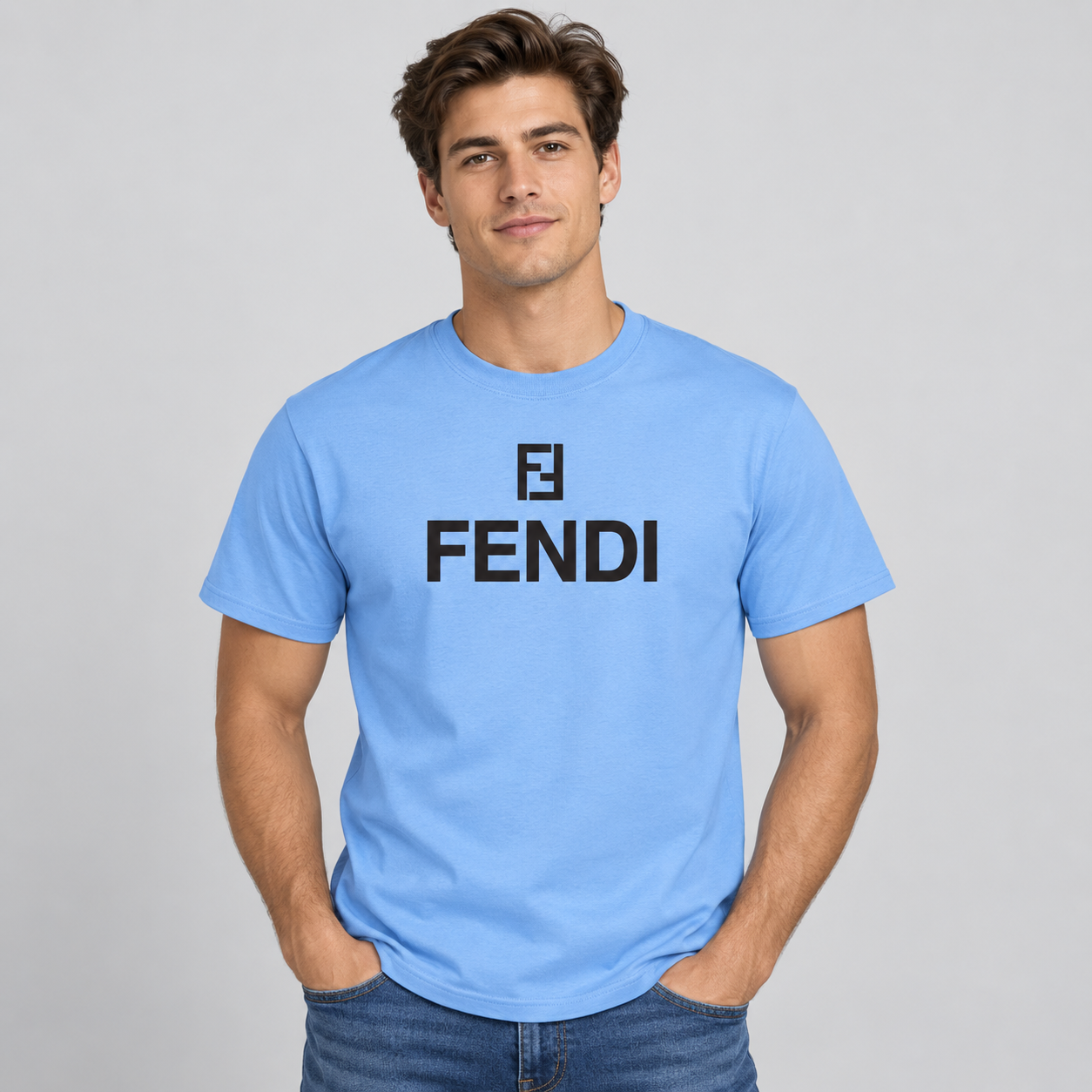 Men's Fendi Cotton T-Shirt | Color: Sky Blue | Image 2