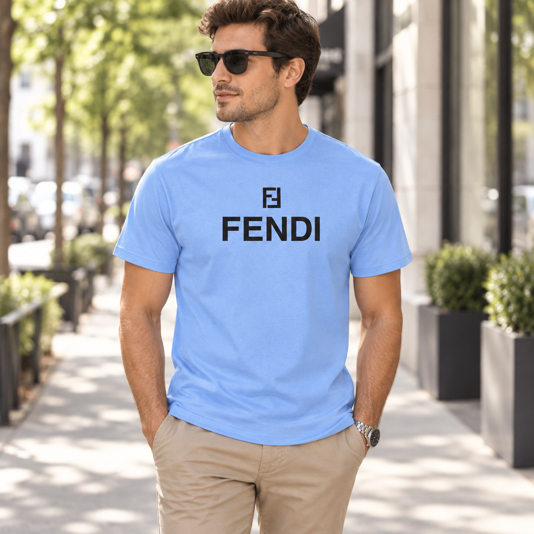 Men's Fendi Cotton T-Shirt | Color: Sky Blue | Image 3