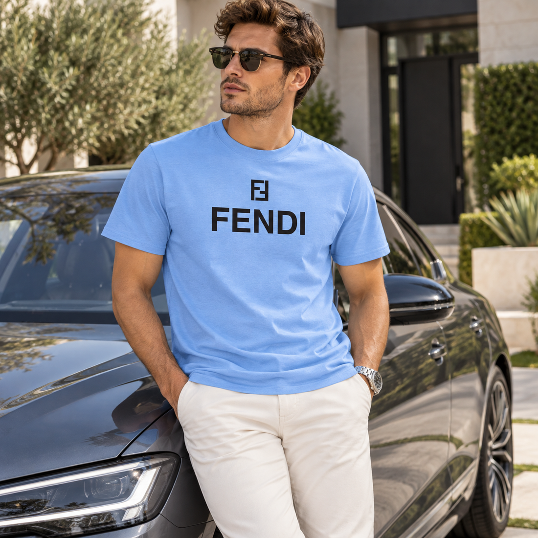 Men's Fendi Cotton T-Shirt | Color: Sky Blue | Image 4