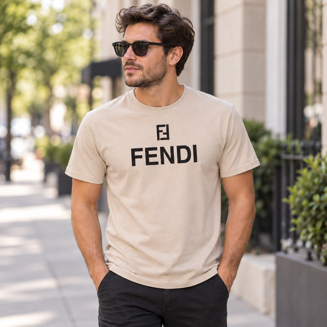 Men's Fendi Cotton T-Shirt | Color: Tan | Image 3