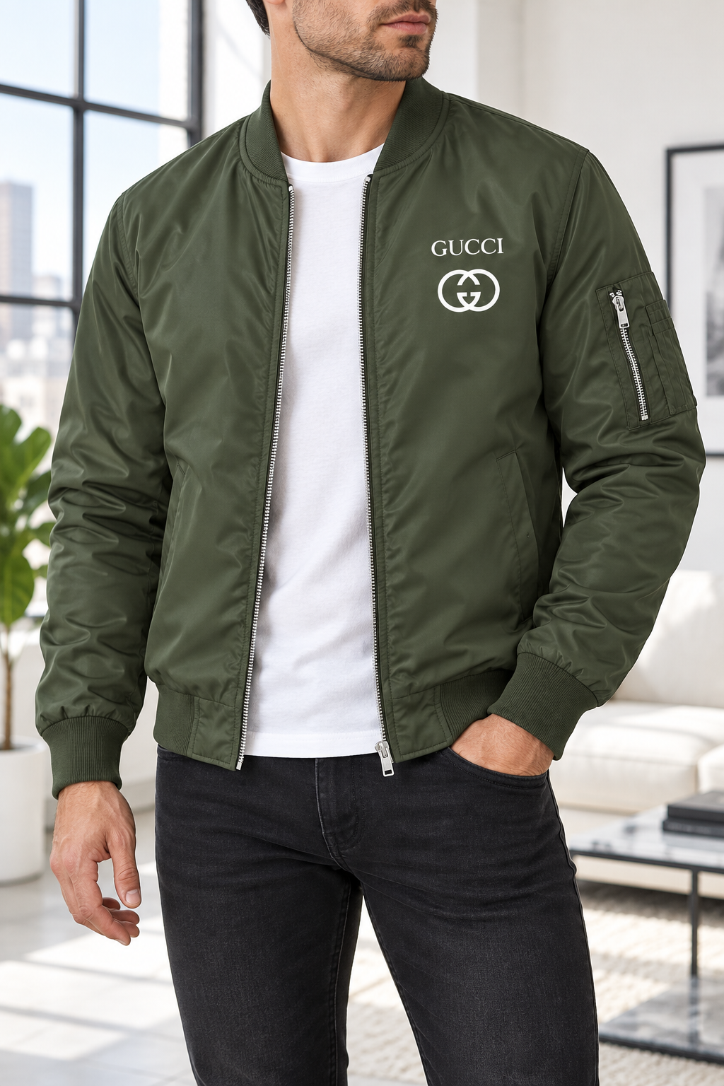 Men's Gucci Lightweight Bomber Jacket | Color: Army Green | Image 2