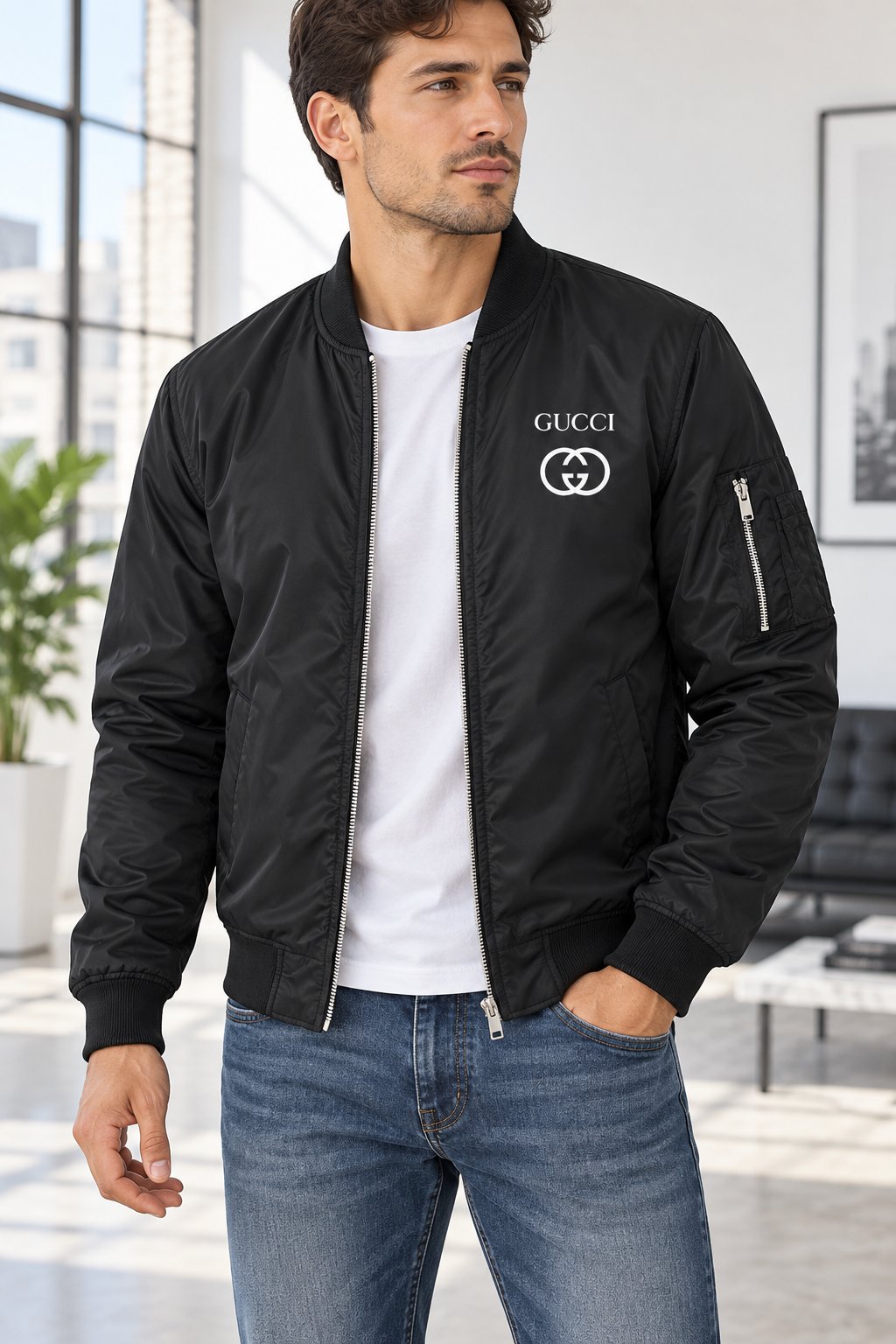 Men's Gucci Lightweight Bomber Jacket | Color: Black | Image 2