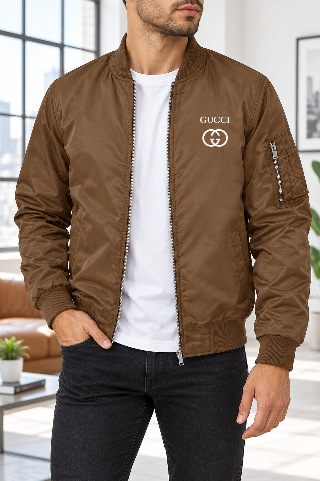 Men's Gucci Lightweight Bomber Jacket | Color: Brown | Image 2