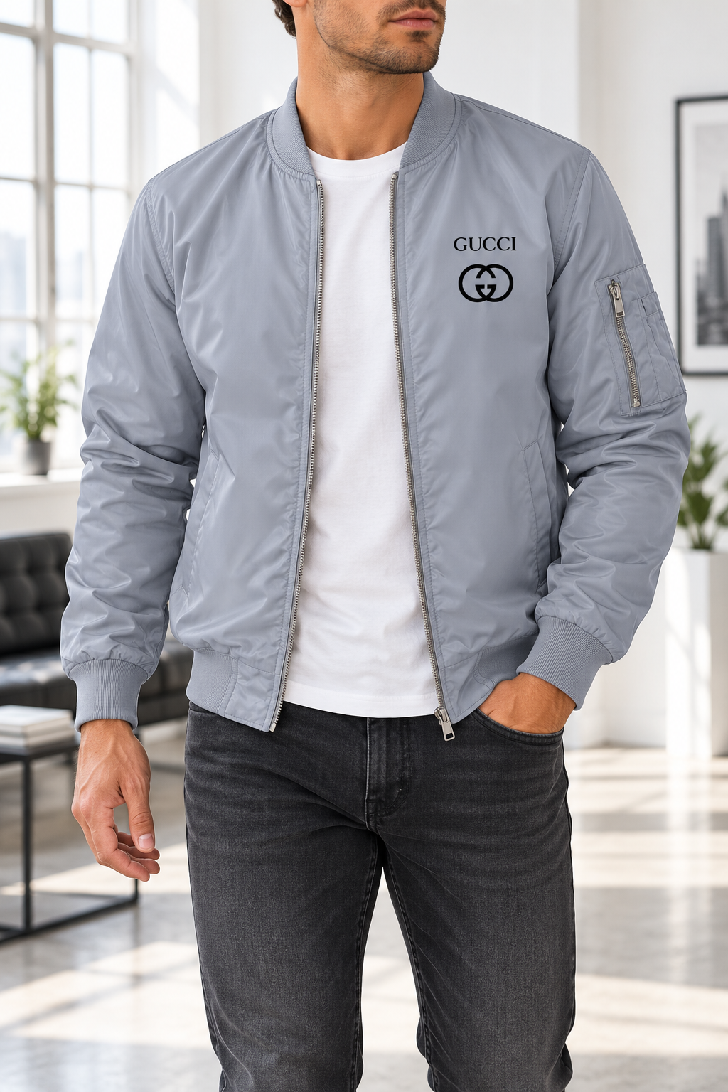 Men's Gucci Lightweight Bomber Jacket | Color: Grey | Image 2