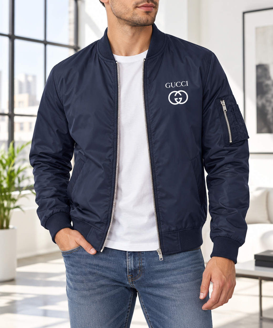 Men's Gucci Lightweight Bomber Jacket | Color: Navy | Image 2