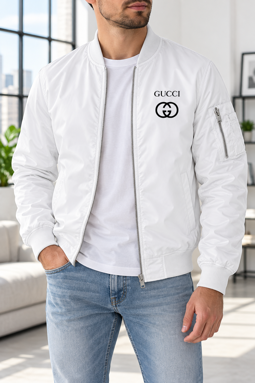 Men's Gucci Lightweight Bomber Jacket | Color: White | Image 2