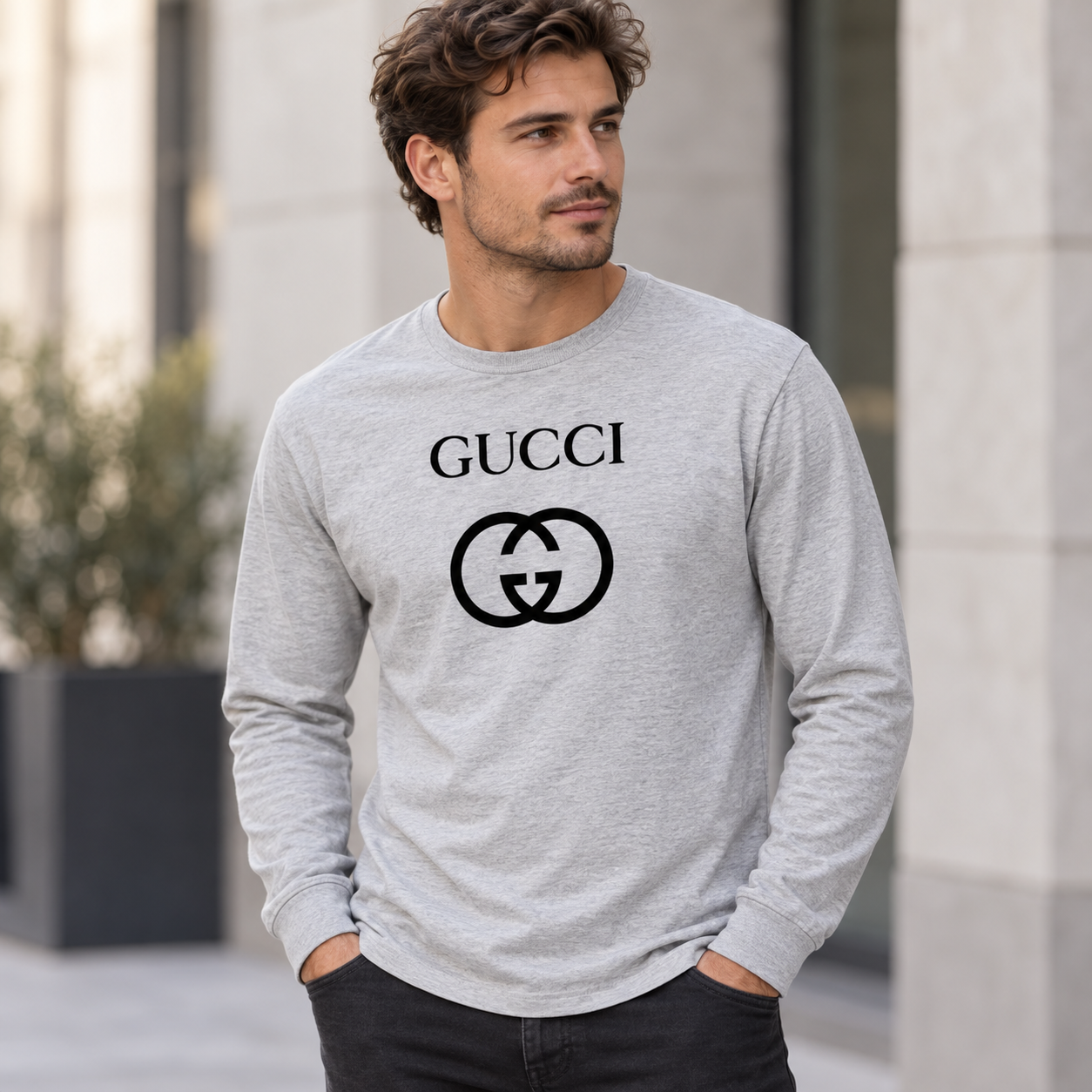 Men's Gucci cotton long sleeve T-shirt grey lifestyle model image
