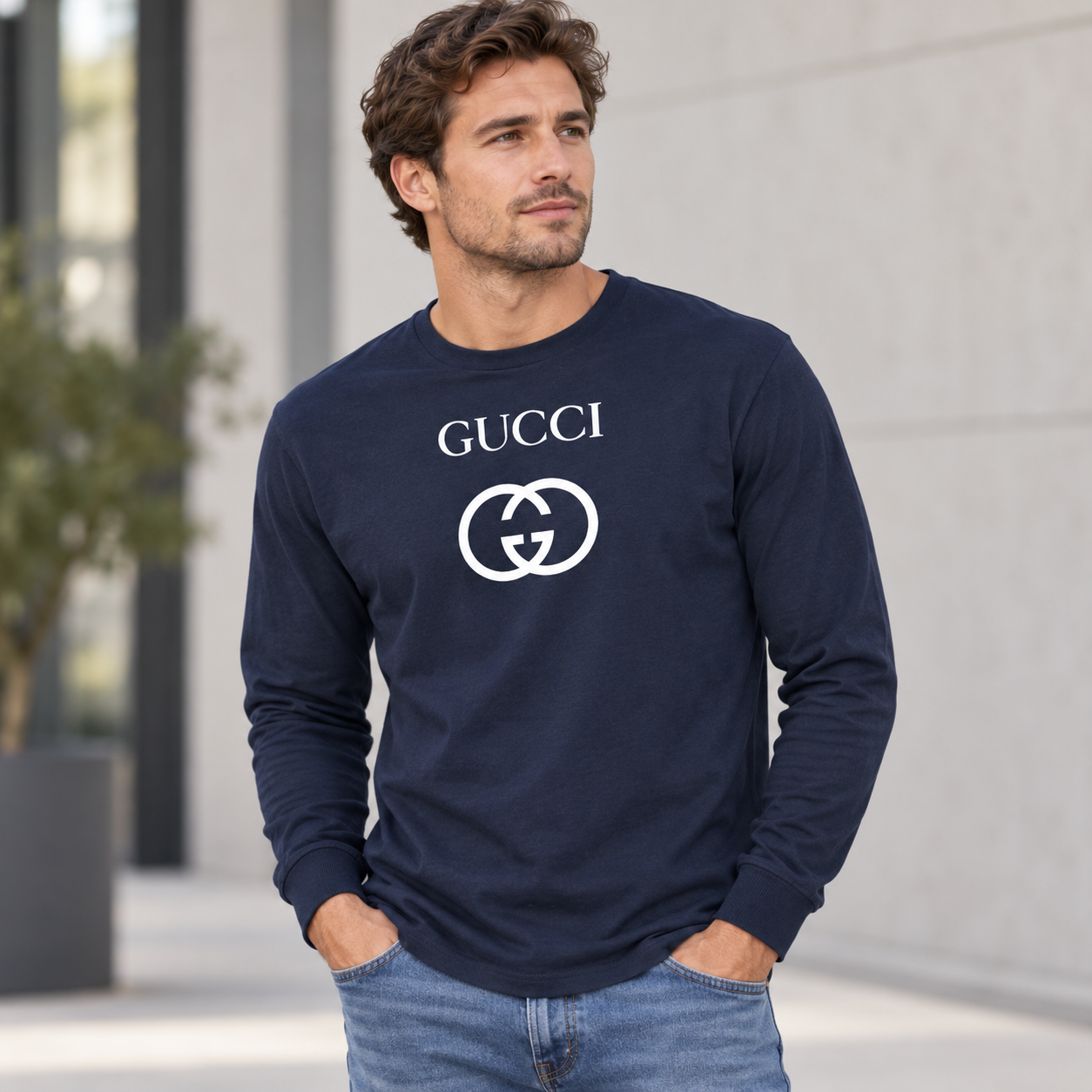 Men's Gucci cotton long sleeve T-shirt navy lifestyle model image