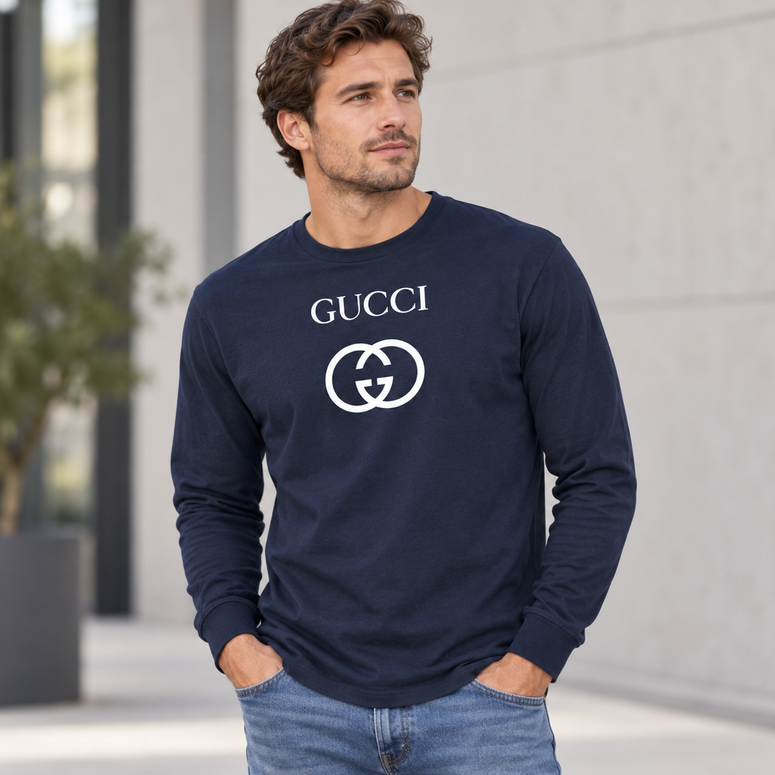 Men's Gucci cotton long sleeve T-shirt navy lifestyle model image