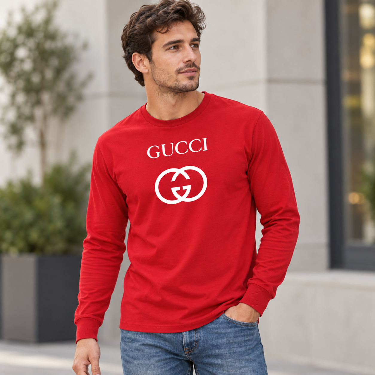 Men's Gucci cotton long sleeve T-shirt red lifestyle model image