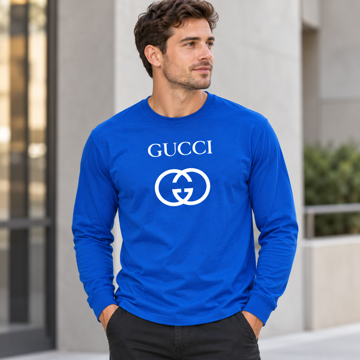 Men's Gucci cotton long sleeve T-shirt royal blue lifestyle model image