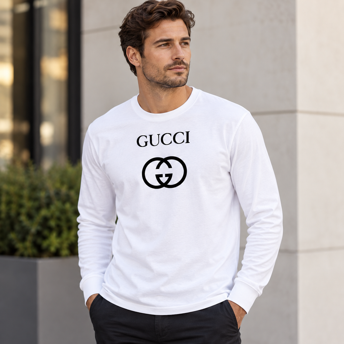 Men's Gucci cotton long sleeve T-shirt white lifestyle model image