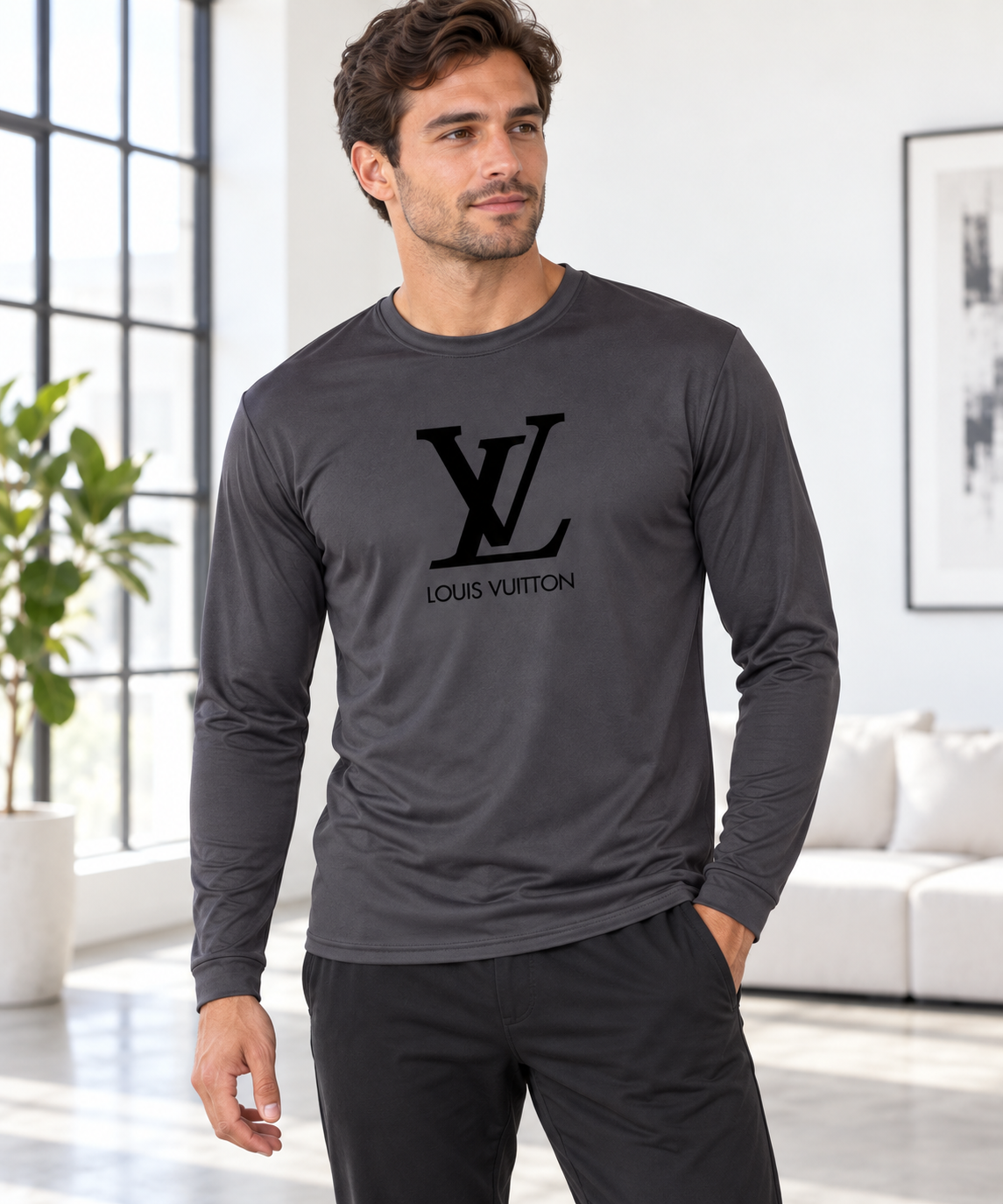 Men's Louis Vuitton Performance Long Sleeve T-Shirt | Color: Graphite | Image 2