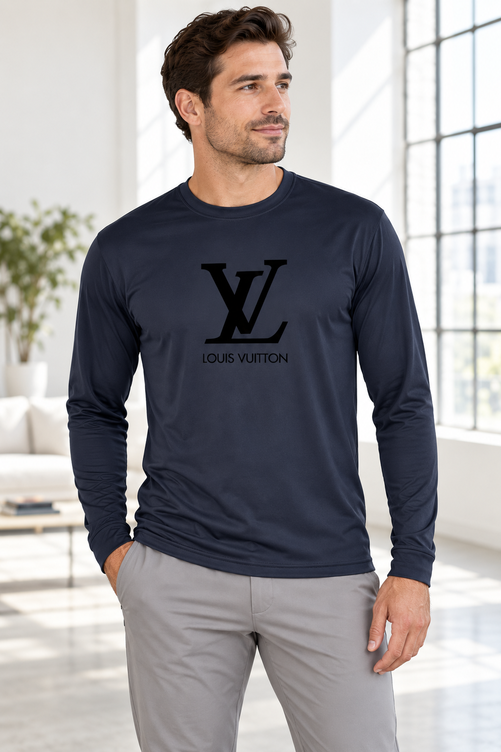 Men's Louis Vuitton Performance Long Sleeve T-Shirt | Color: Navy | Image 2