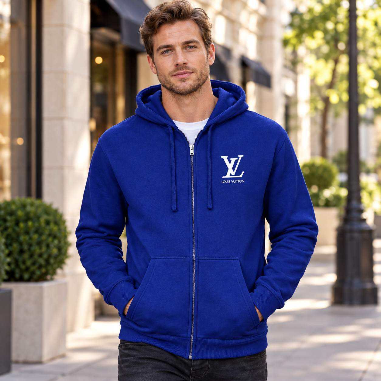 Men's Louis Vuitton zipper hoodie in Blue — lifestyle view