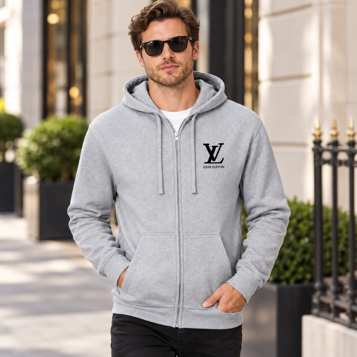 Men's Louis Vuitton zipper hoodie in Grey — lifestyle view