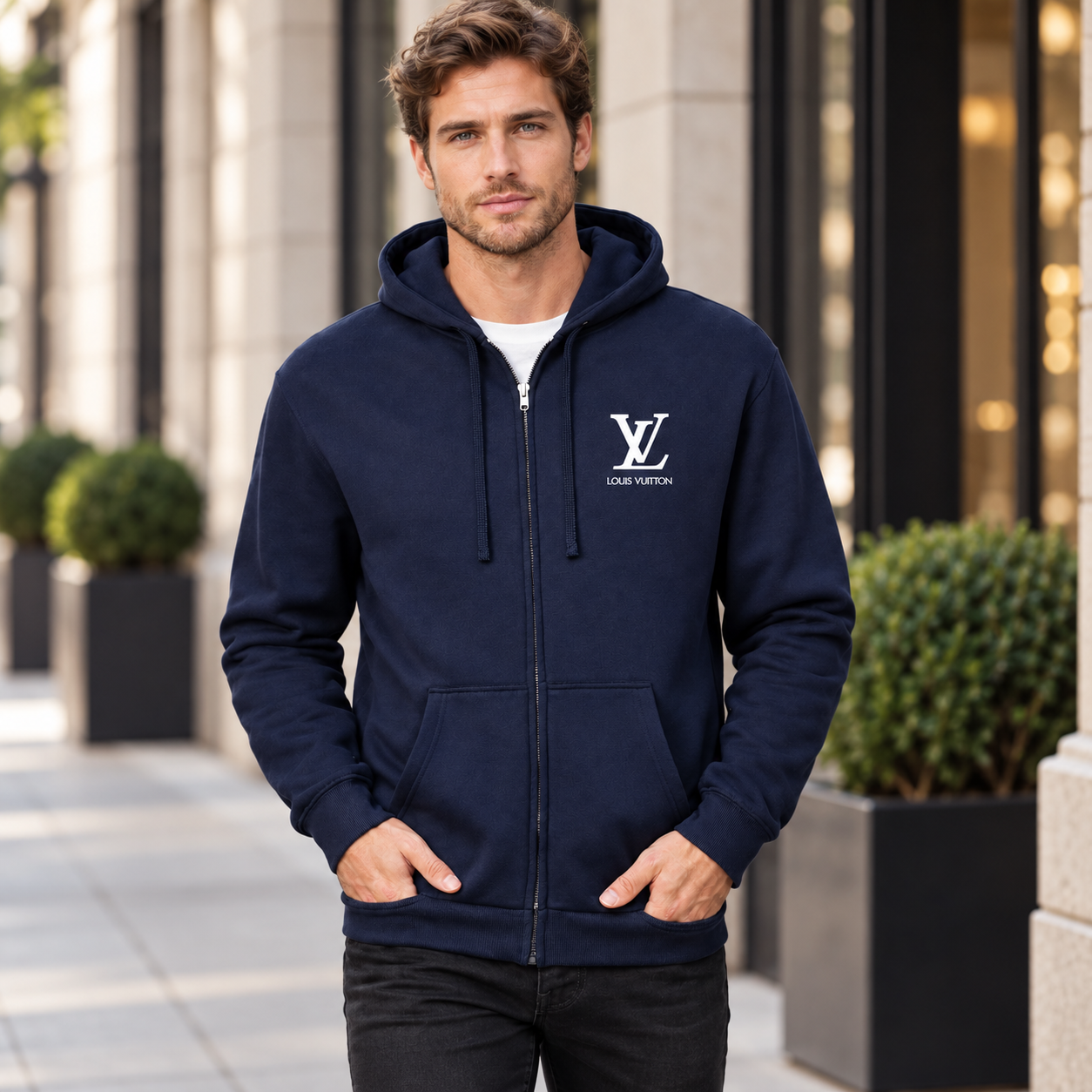 Men's Louis Vuitton zipper hoodie in Navy — lifestyle view