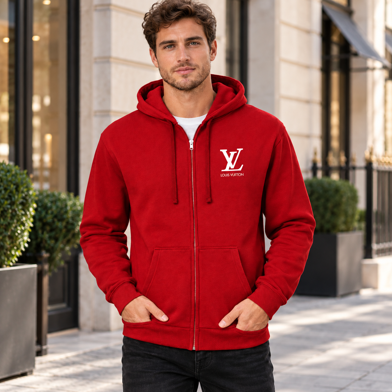 Men's Louis Vuitton zipper hoodie in Red — lifestyle view