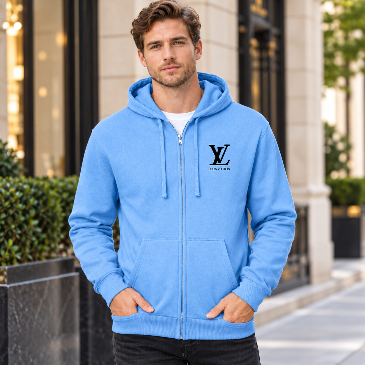 Men's Louis Vuitton zipper hoodie in Sky Blue — lifestyle view