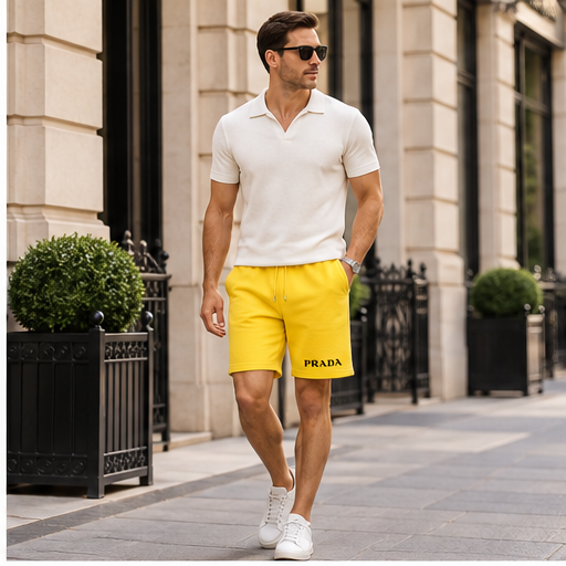Men's Prada Athletic Fleece Shorts | Color: Yellow | Image 3