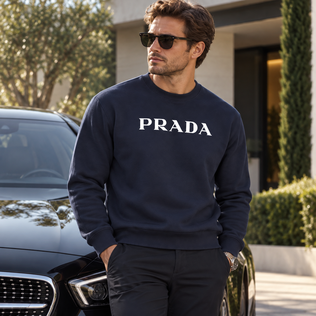 Men's Prada Crewneck Sweatshirt | Color: Navy | Image 4