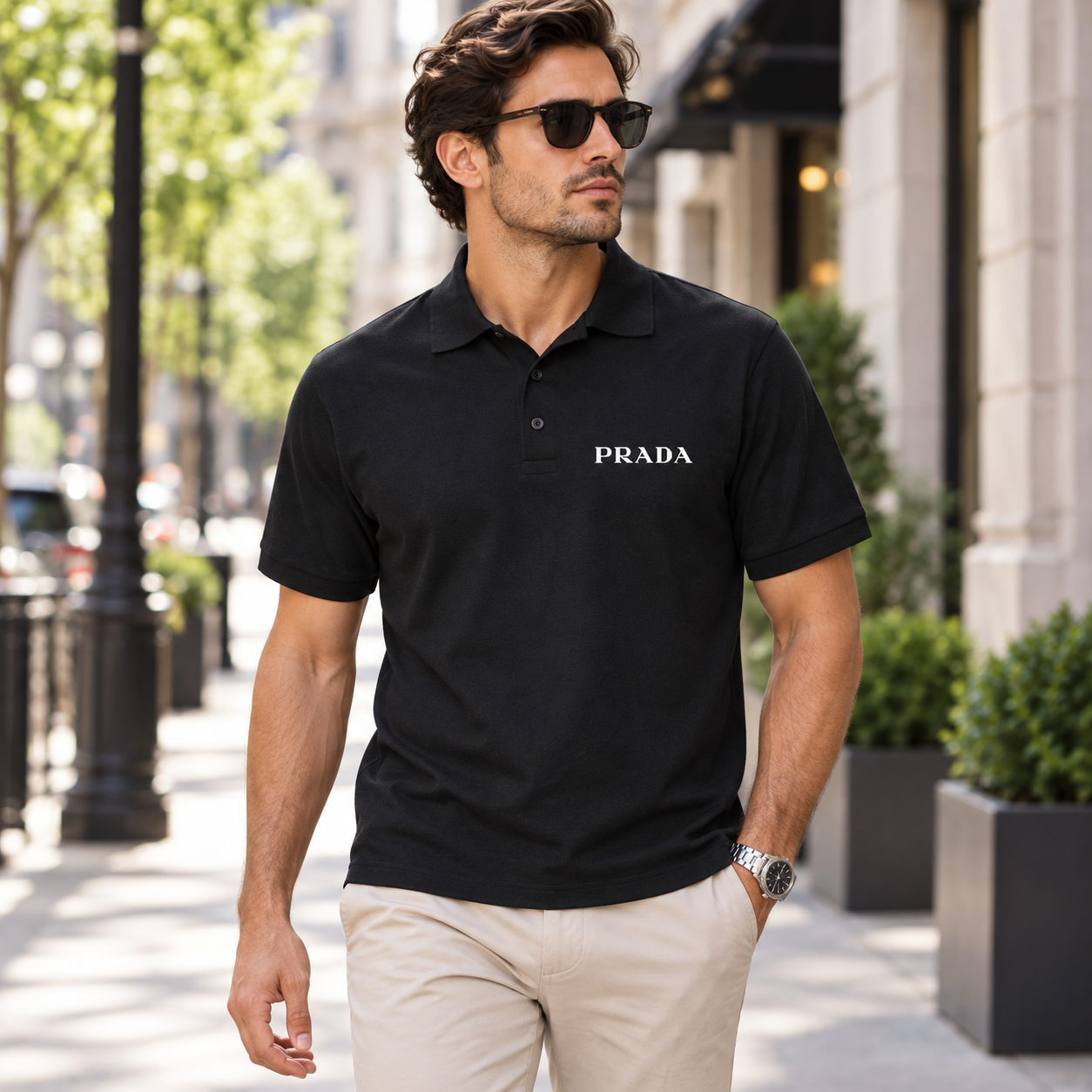 Men's Prada Dry Blend Polo | Color: Black | Image 3