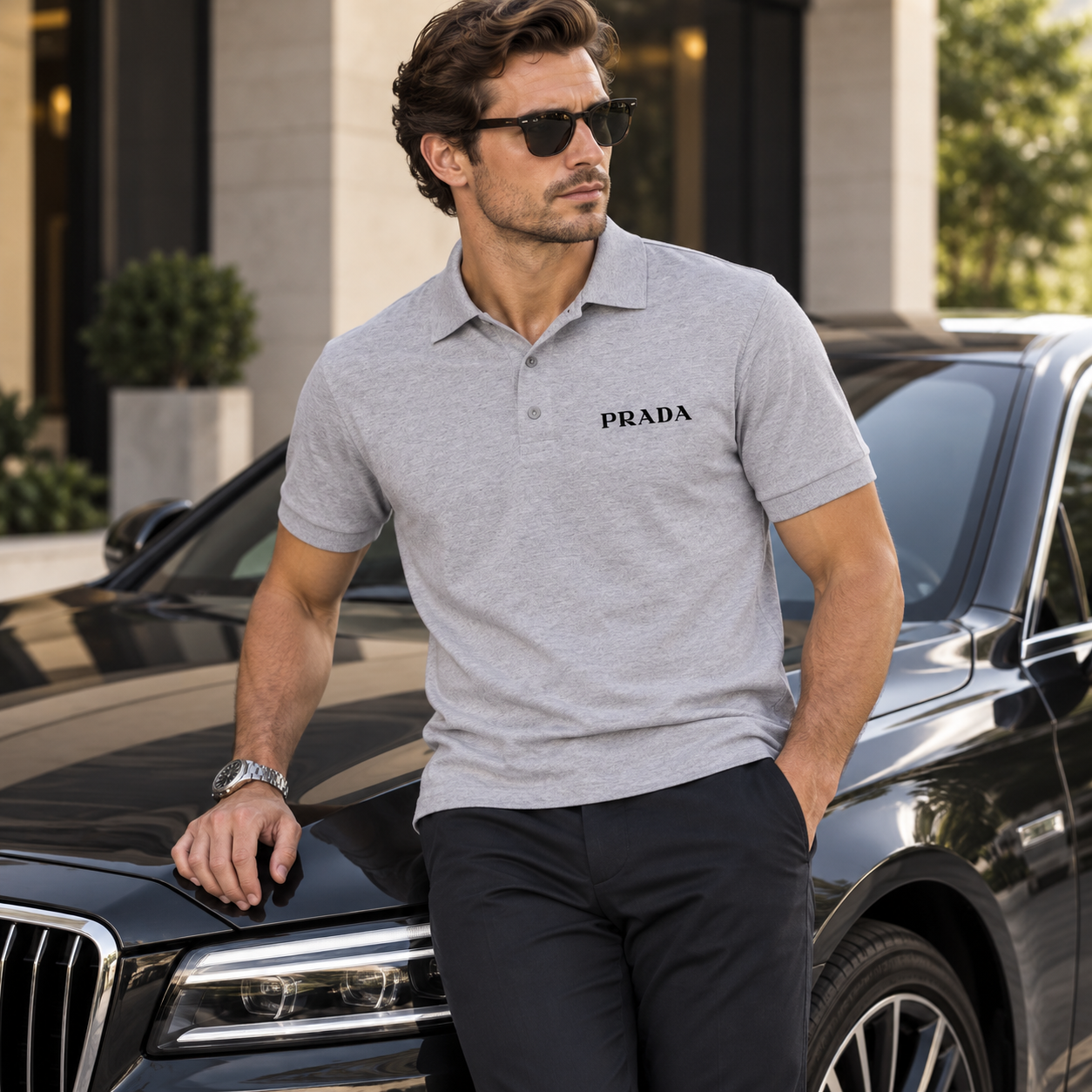 Men's Prada Dry Blend Polo | Color: Grey | Image 4
