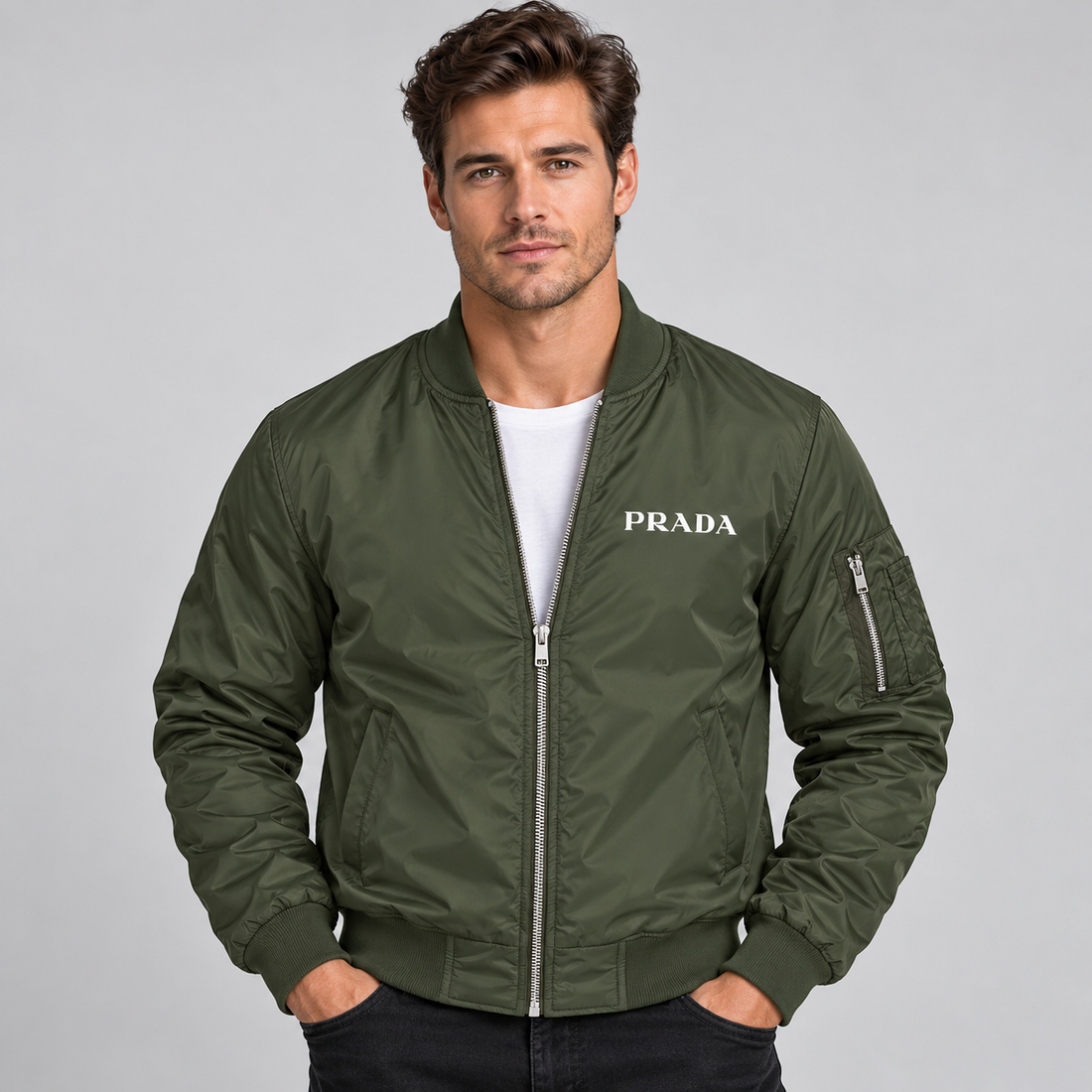 Men's Prada Lightweight Bomber Jacket | Color: Army Green | Image 2