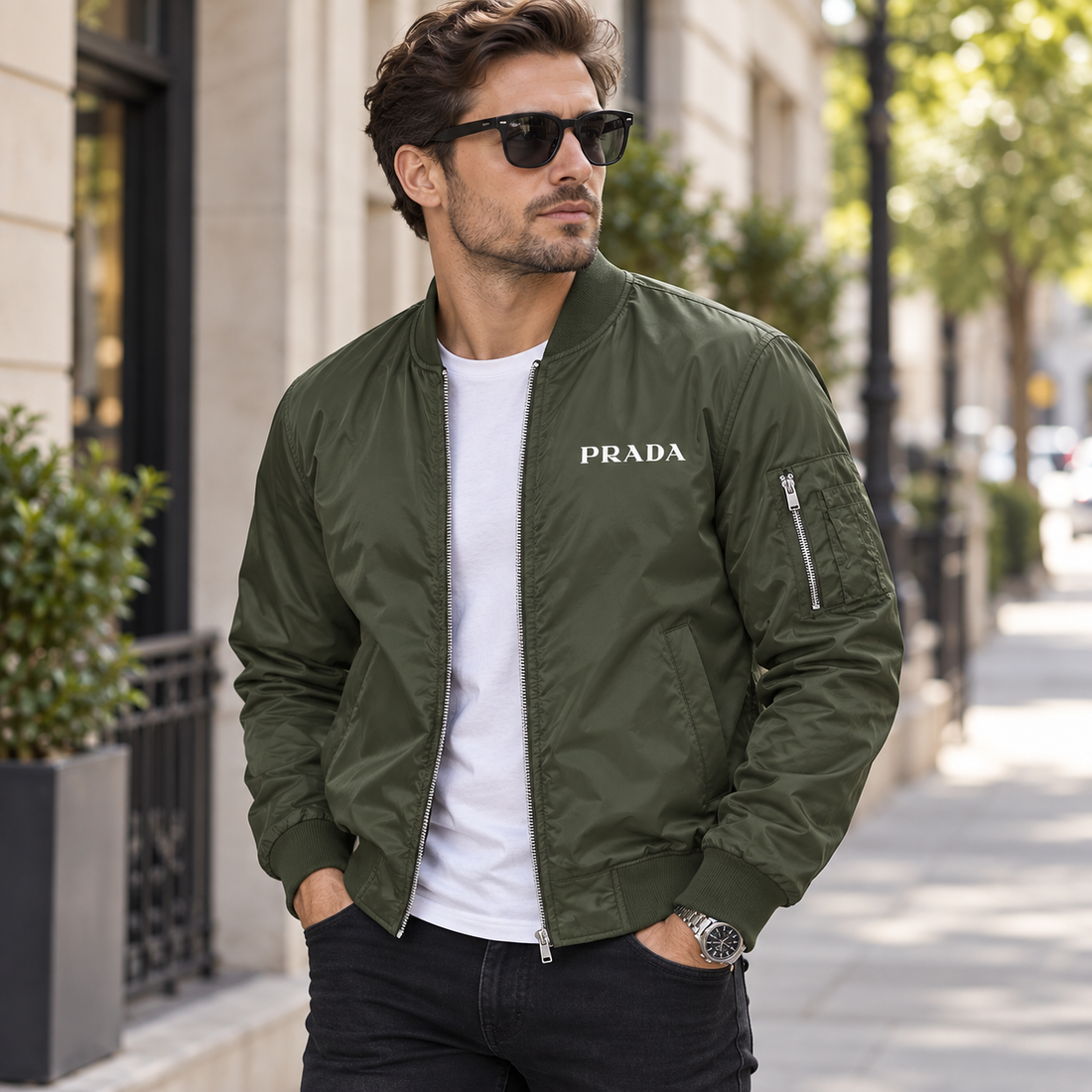 Men's Prada Lightweight Bomber Jacket | Color: Army Green | Image 3