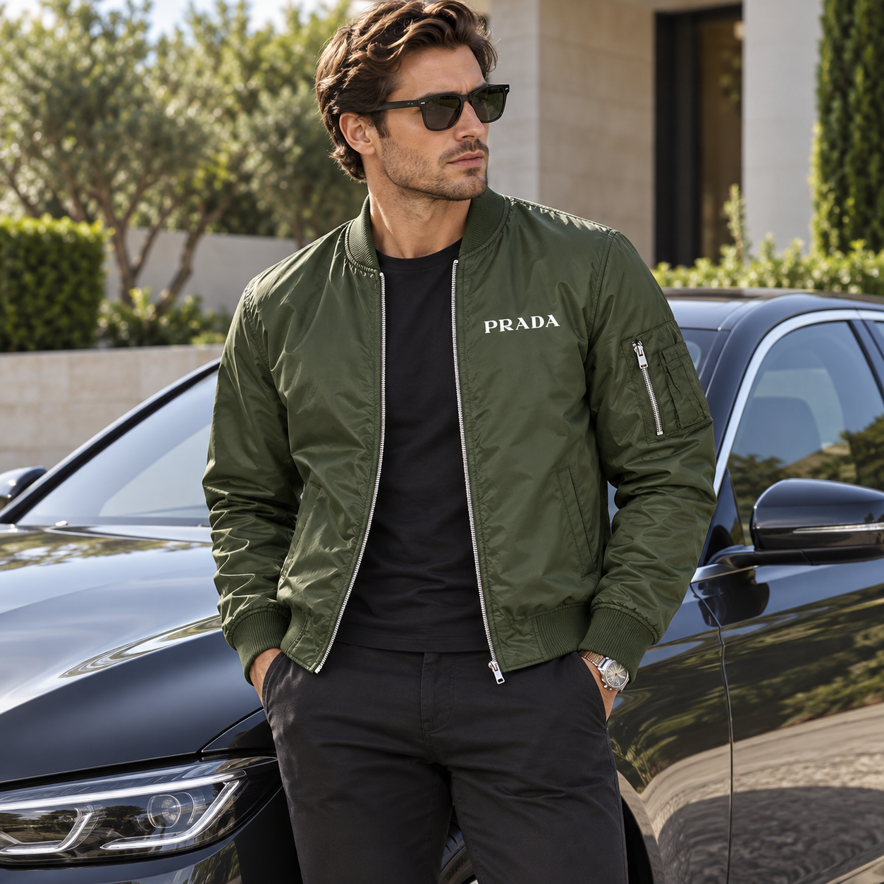 Men's Prada Lightweight Bomber Jacket | Color: Army Green | Image 4
