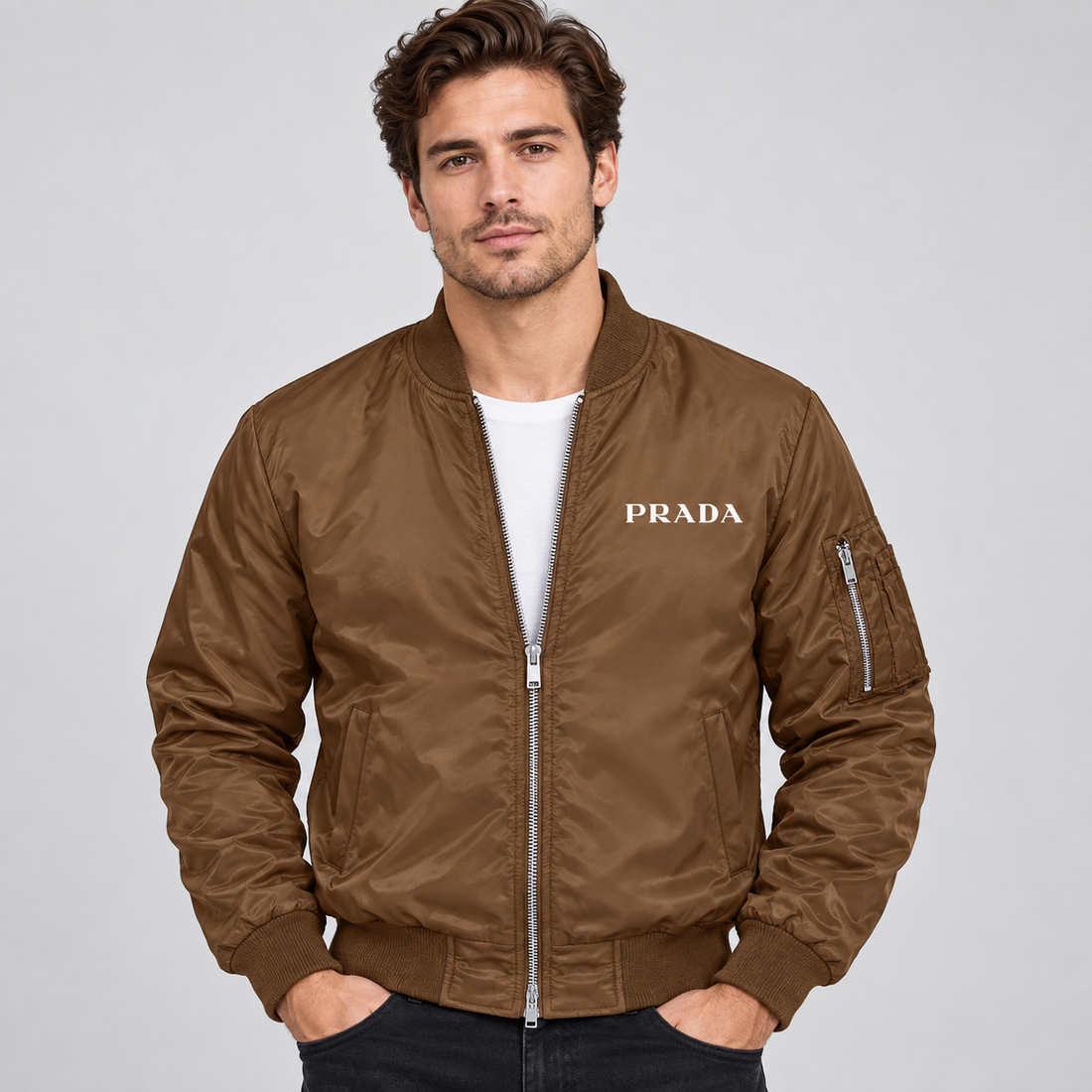 Men's Prada Lightweight Bomber Jacket | Color: Brown | Image 2