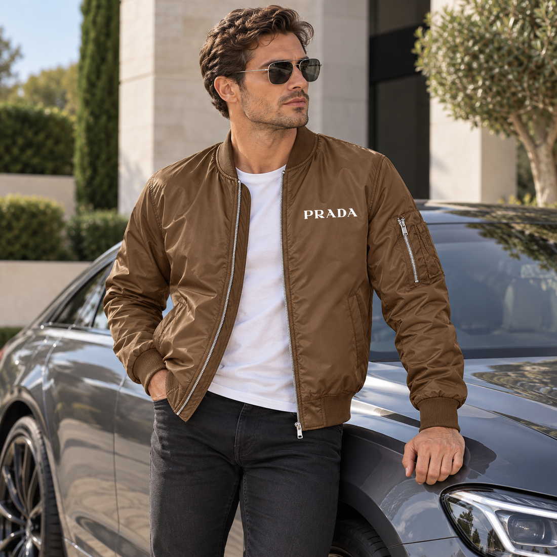 Men's Prada Lightweight Bomber Jacket | Color: Brown | Image 4