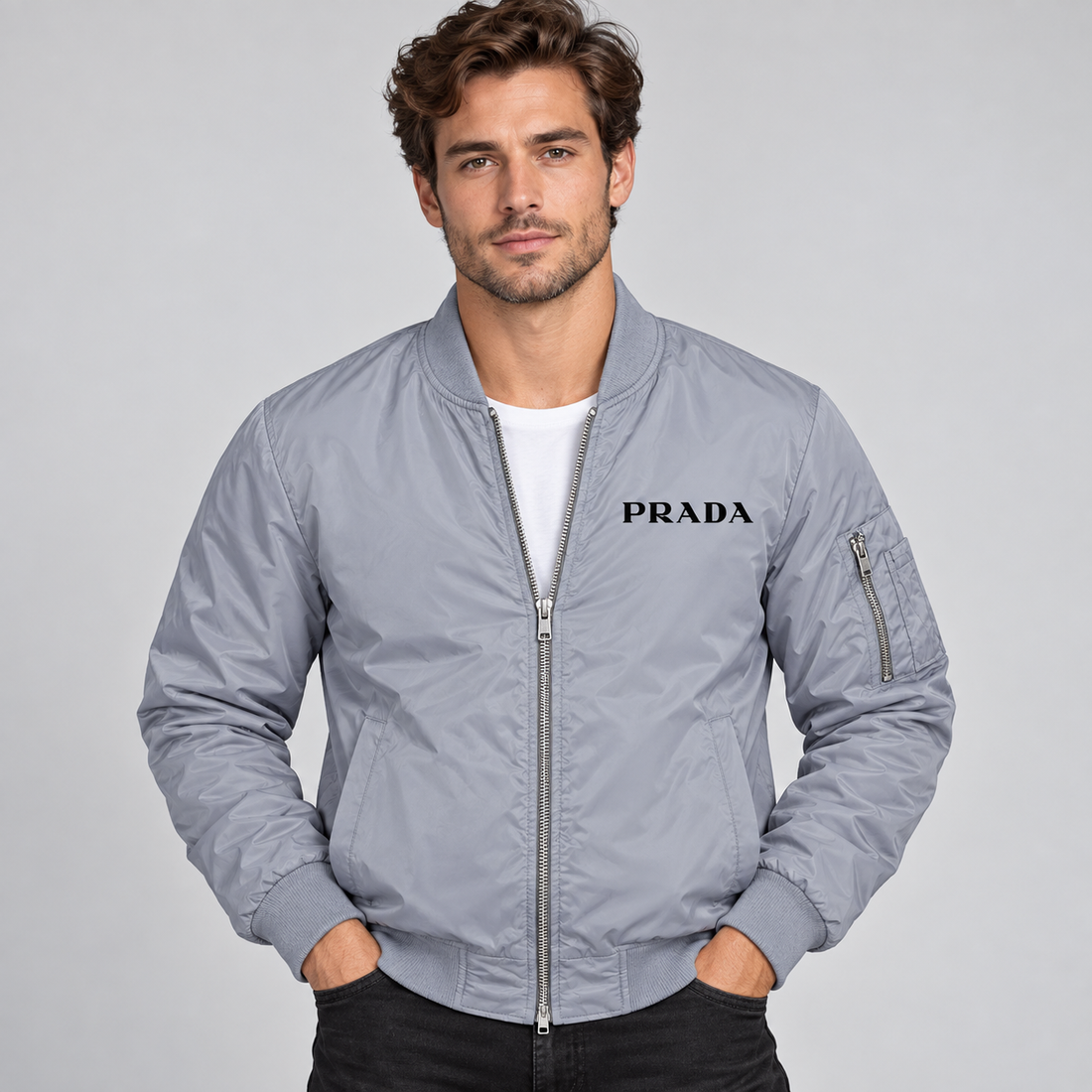 Men's Prada Lightweight Bomber Jacket | Color: Grey | Image 2