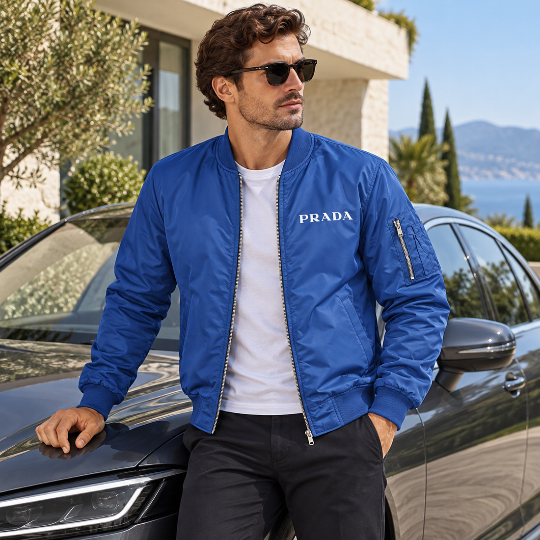 Men's Prada Lightweight Bomber Jacket | Color: Royal Blue | Image 4