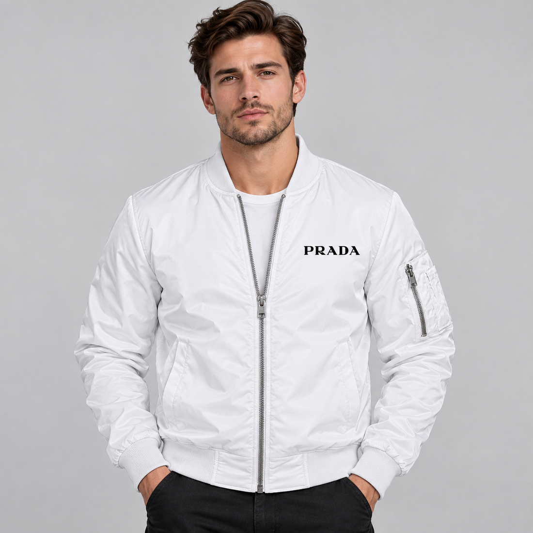 Men's Prada Lightweight Bomber Jacket | Color: White | Image 2