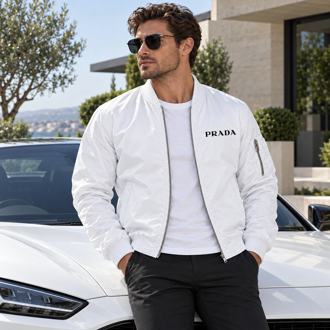 Men's Prada Lightweight Bomber Jacket | Color: White | Image 4