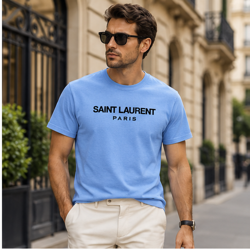 Men's Saint Laurent Cotton T-Shirt | Color: Sky Blue | Image 3