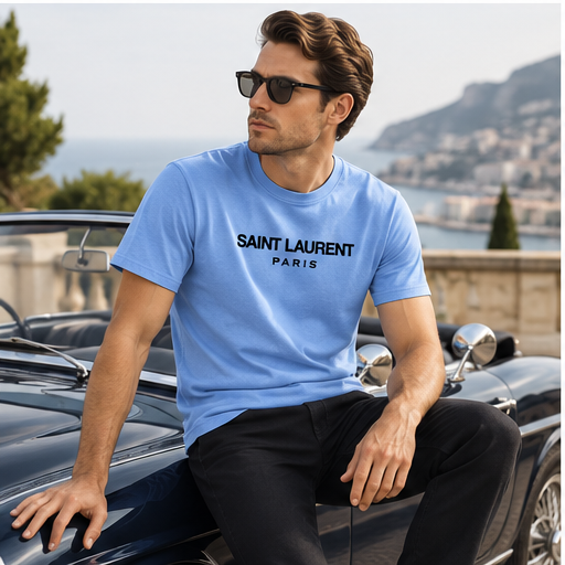 Men's Saint Laurent Cotton T-Shirt | Color: Sky Blue | Image 4