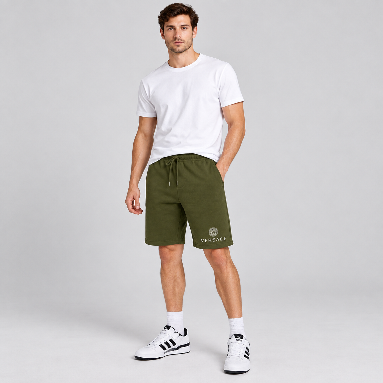 Men's Versace Athletic Fleece Shorts | Color: Army Green | Image 2