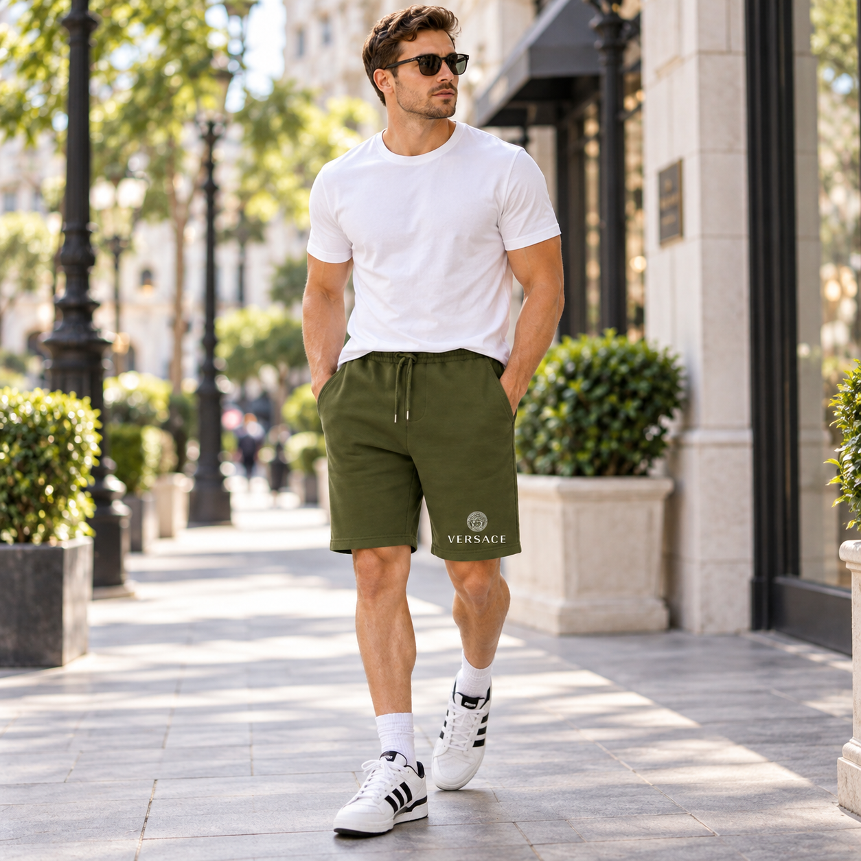 Men's Versace Athletic Fleece Shorts | Color: Army Green | Image 3