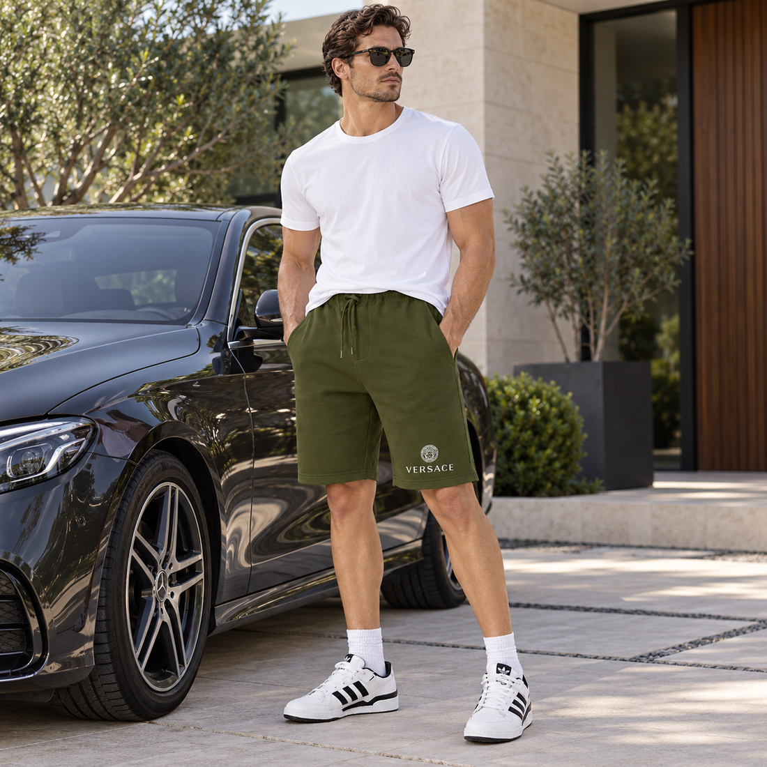 Men's Versace Athletic Fleece Shorts | Color: Army Green | Image 4
