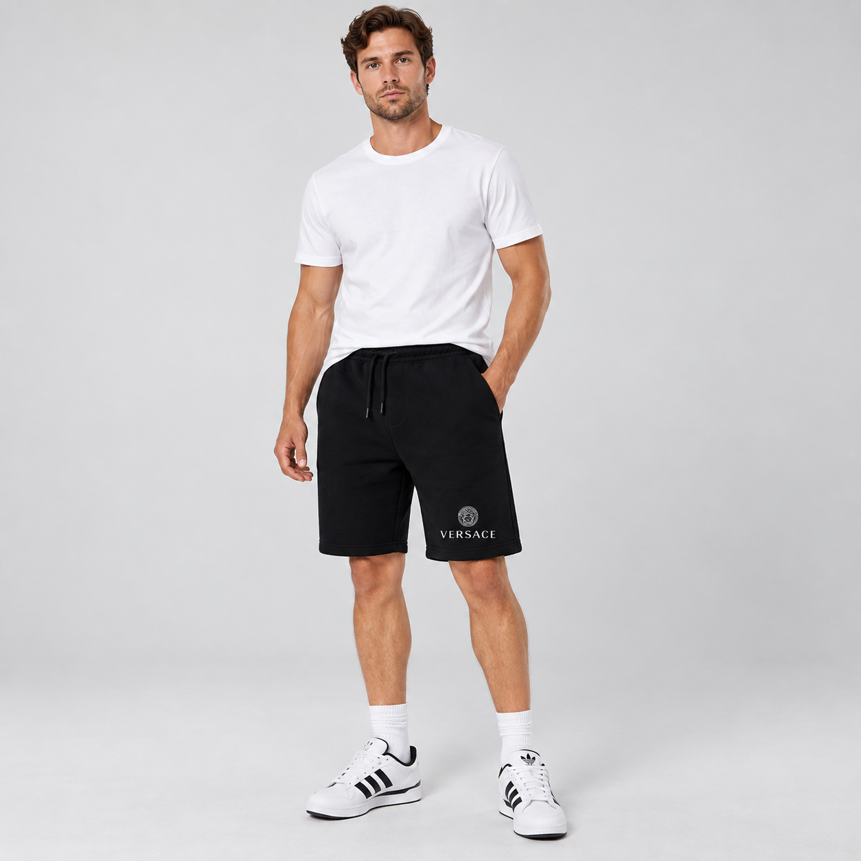 Men's Versace Athletic Fleece Shorts | Color: Black | Image 2