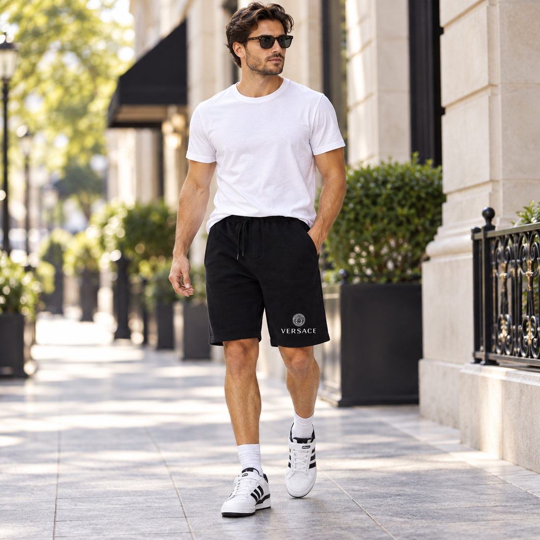 Men's Versace Athletic Fleece Shorts | Color: Black | Image 3