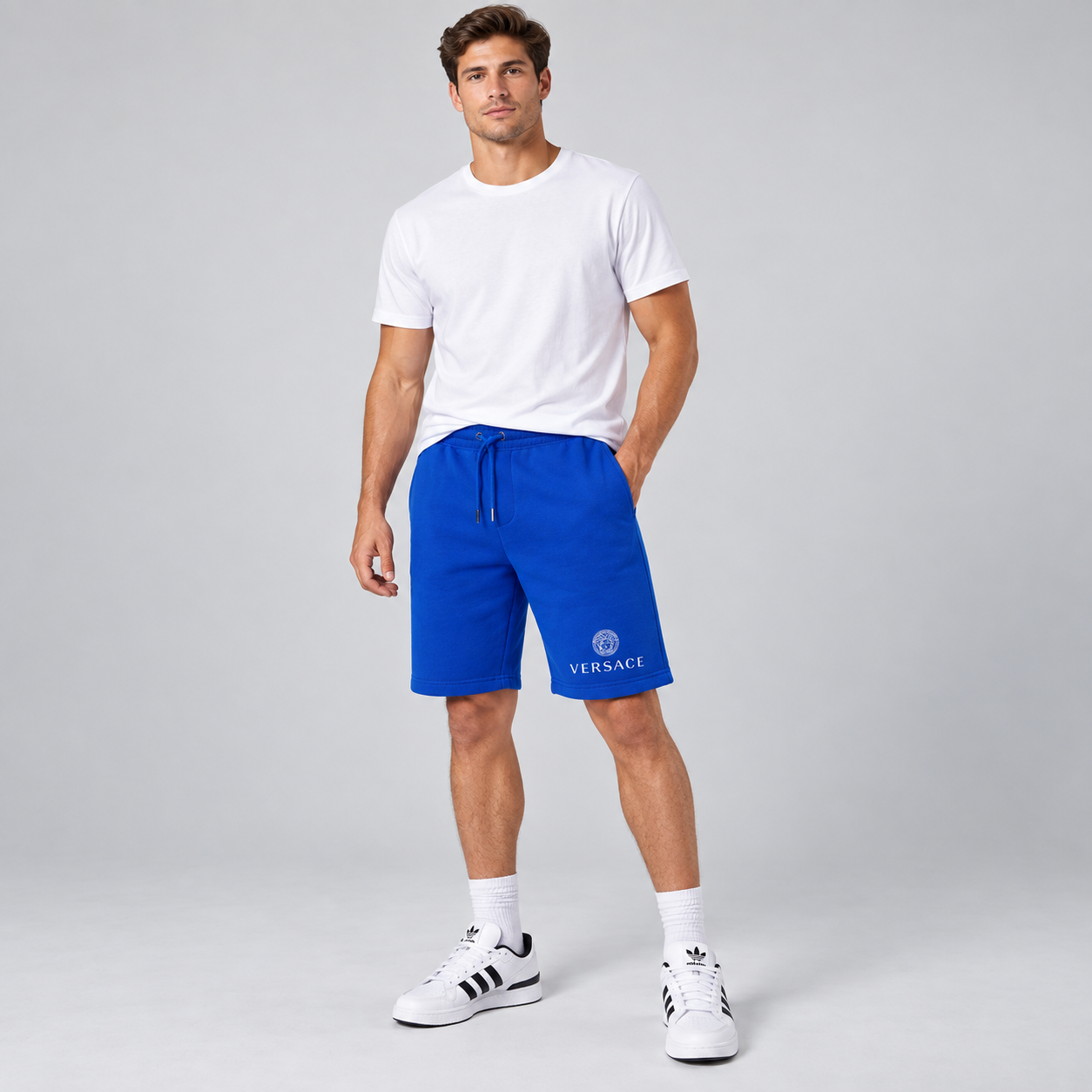 Men's Versace Athletic Fleece Shorts | Color: Blue | Image 2