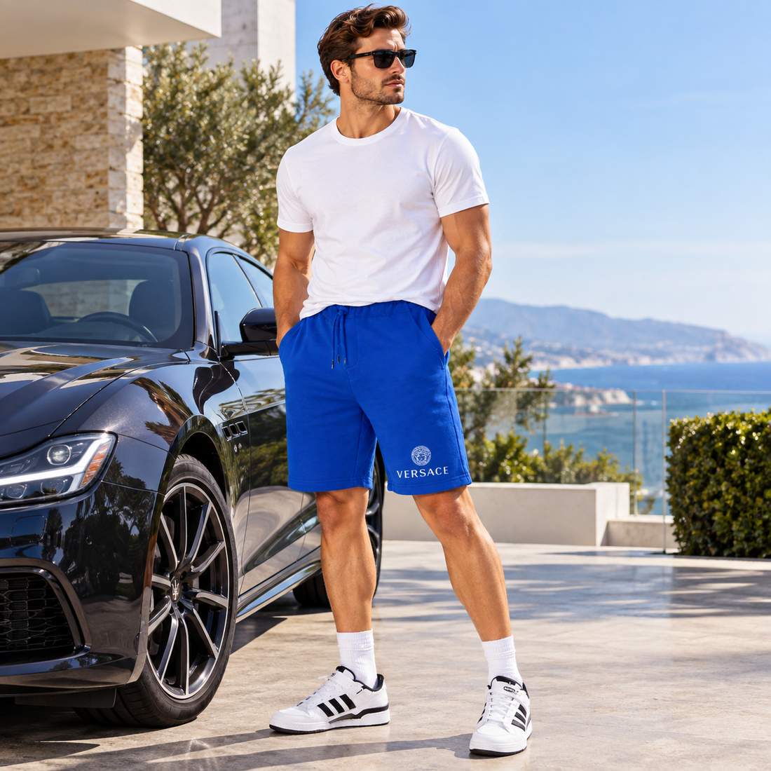 Men's Versace Athletic Fleece Shorts | Color: Blue | Image 4