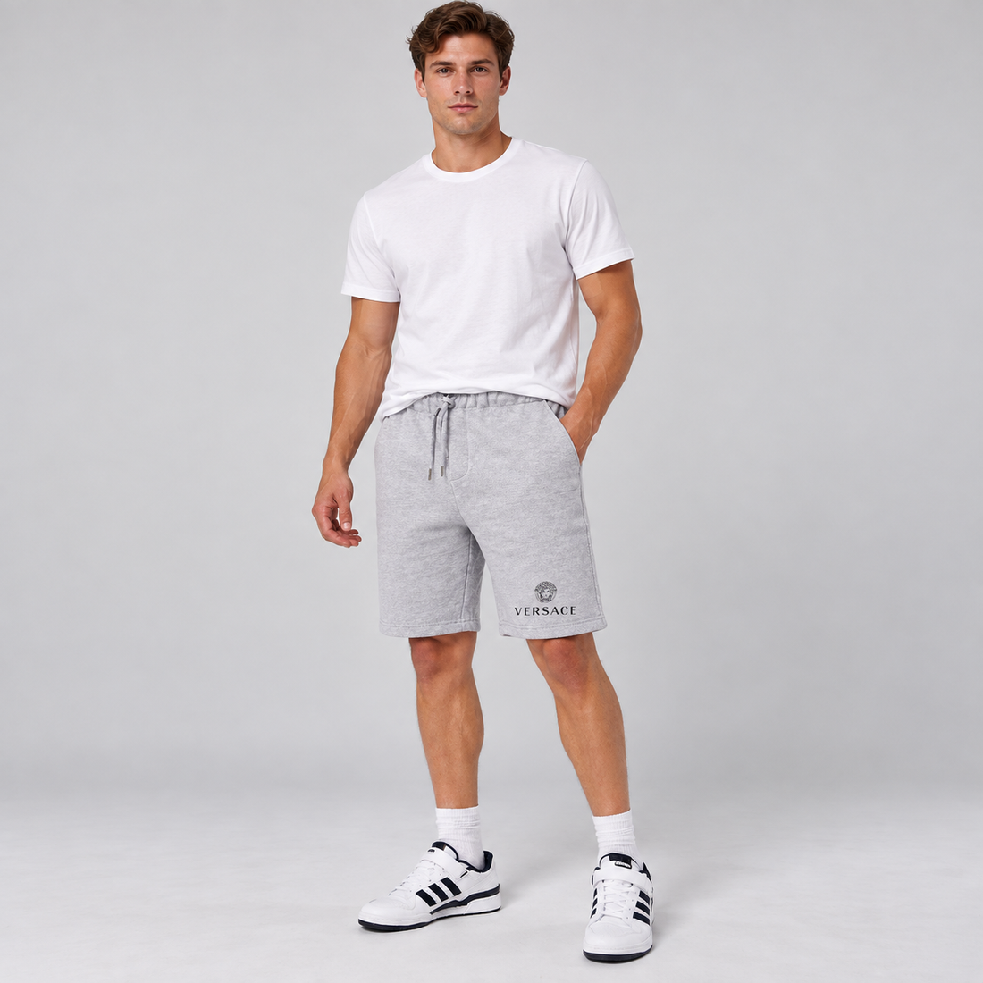 Men's Versace Athletic Fleece Shorts | Color: Grey | Image 2