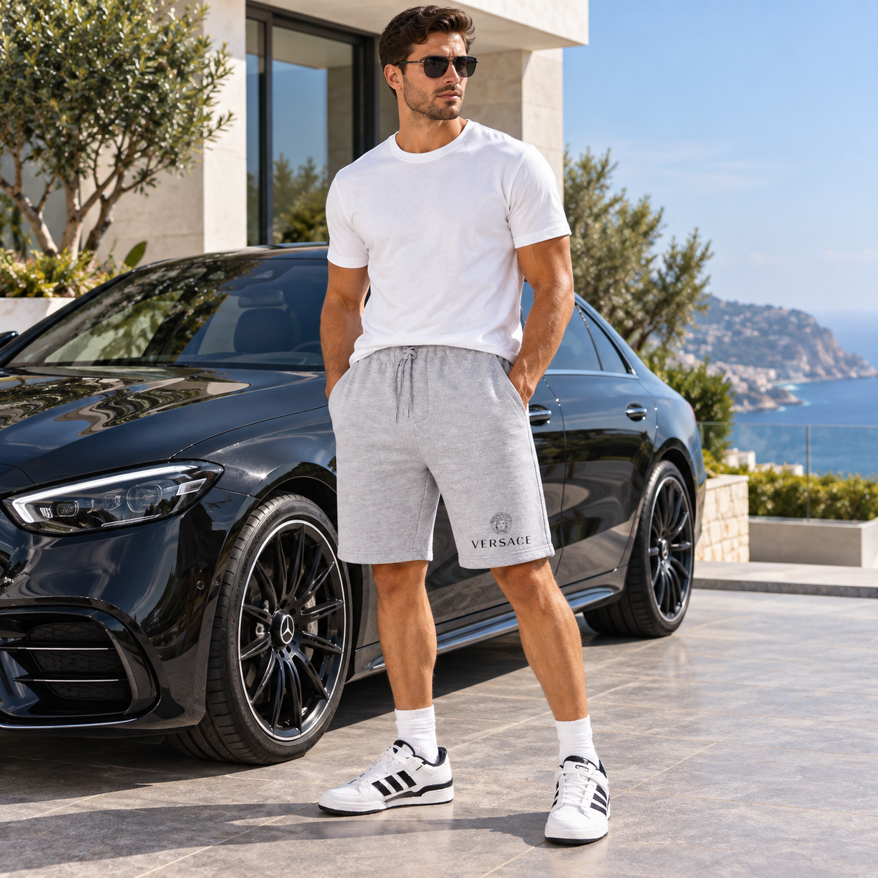 Men's Versace Athletic Fleece Shorts | Color: Grey | Image 4