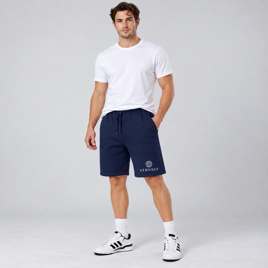 Men's Versace Athletic Fleece Shorts | Color: Navy | Image 2